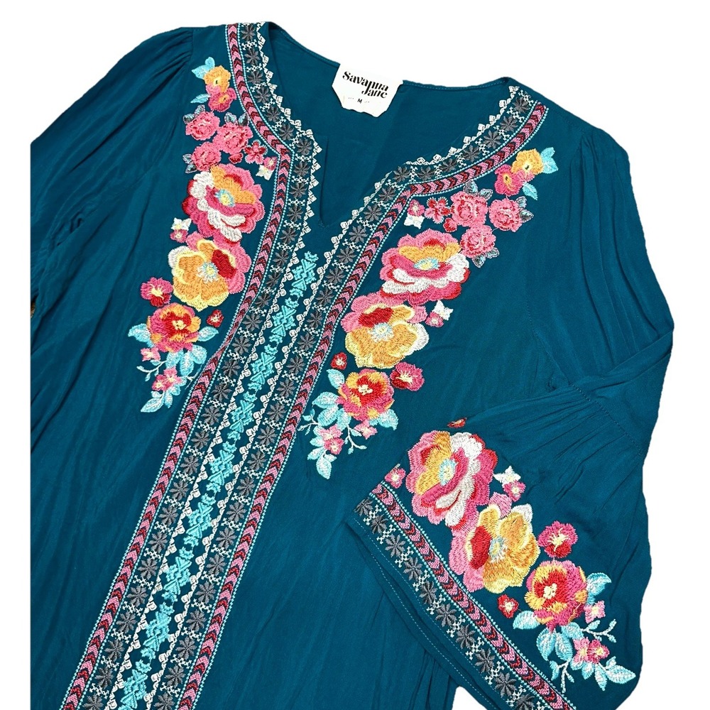 Savanna Jane Teal Blue Split V-Neck Floral‎ Embroidered Bell Boho Top Women's M